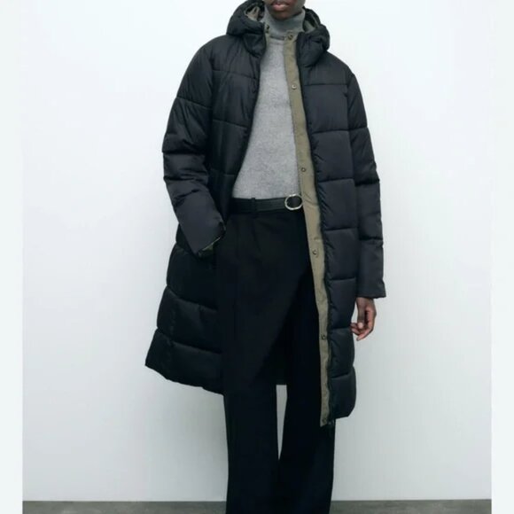 New Zara Long Reversible Puffer Anorak Black/Green Puffer Jacket Coat XS NWT - Picture 5 of 15
